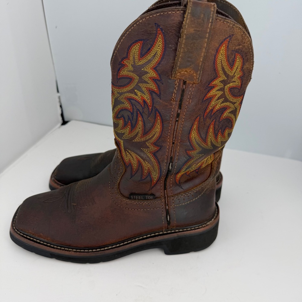 Justin Steel Toe Western Ranch Cowgirl Work Boots Brown Leather Womens 6B - Picture 12 of 13